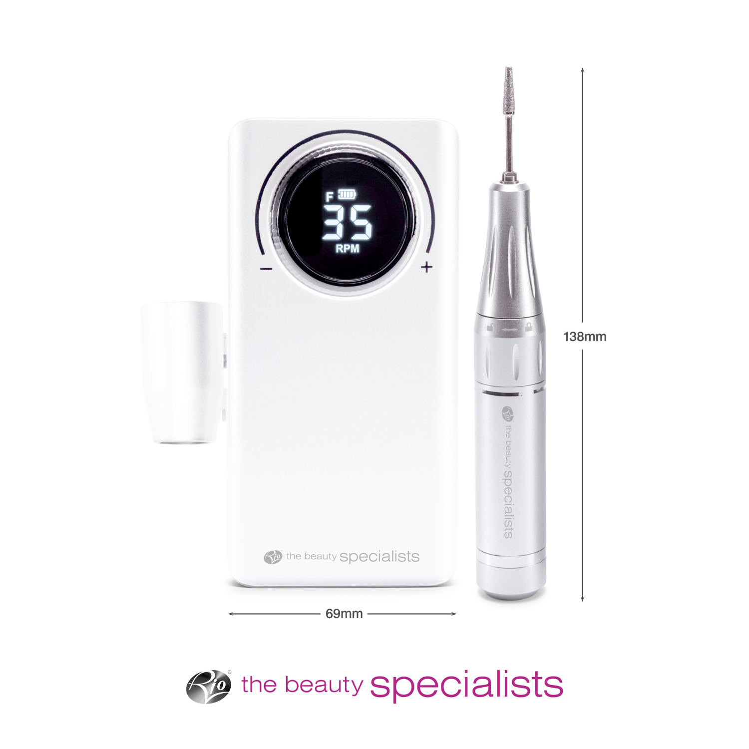 Witte nagelboor met digitaal display met 35 RPM. Daarnaast een zilveren boor. Onderaan staat 'the beauty specialists'.