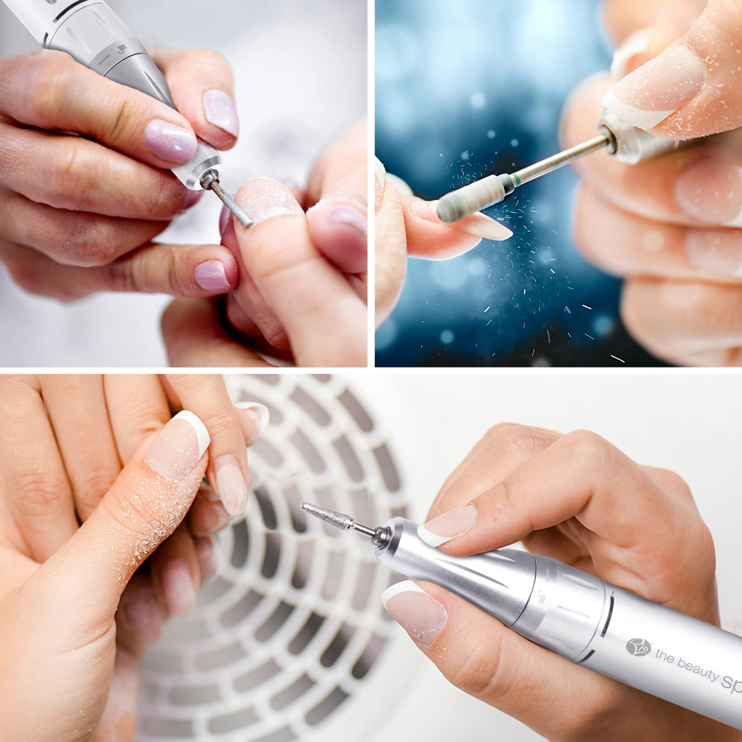Collage van nagelboor op vingers.