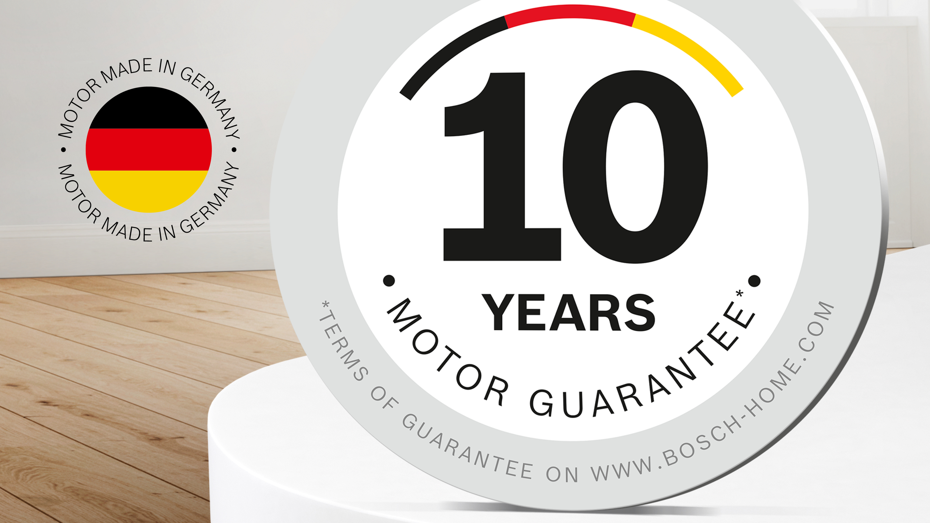 Cercle blanc avec texte : 10 ans de garantie moteur. Moteur fabriqué en Allemagne.