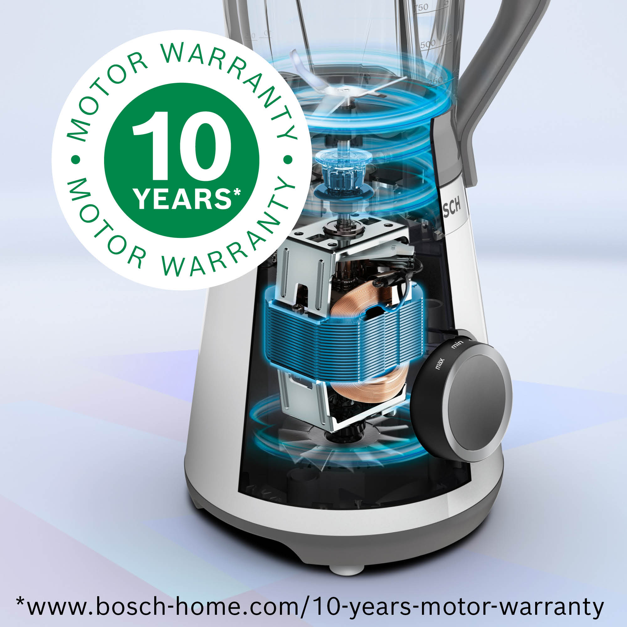Ein Mixer mit einem Ausschnitt, der die inneren Komponenten zeigt. Ein Logo '10 Jahre Motor Garantie' ist vorhanden.