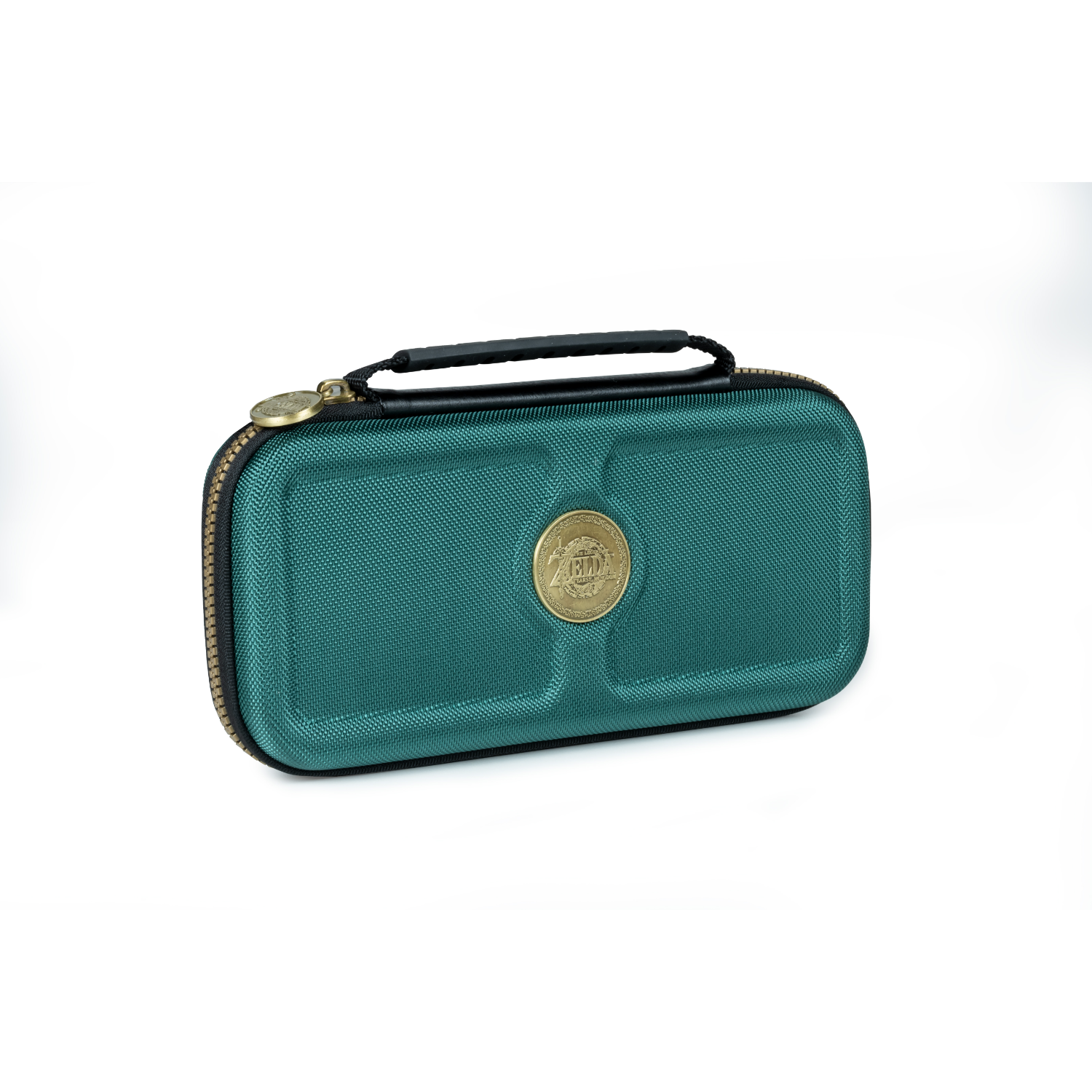Green case with a handle and gold zipper.