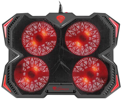 Czarna podkładka chłodząca do laptopa z czterema czerwonymi podświetlanymi wentylatorami i czerwonymi akcentami. Widok z góry.