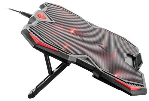 Czarna i czerwona podkładka chłodząca do laptopa z siatkową powierzchnią i regulowaną podstawką.