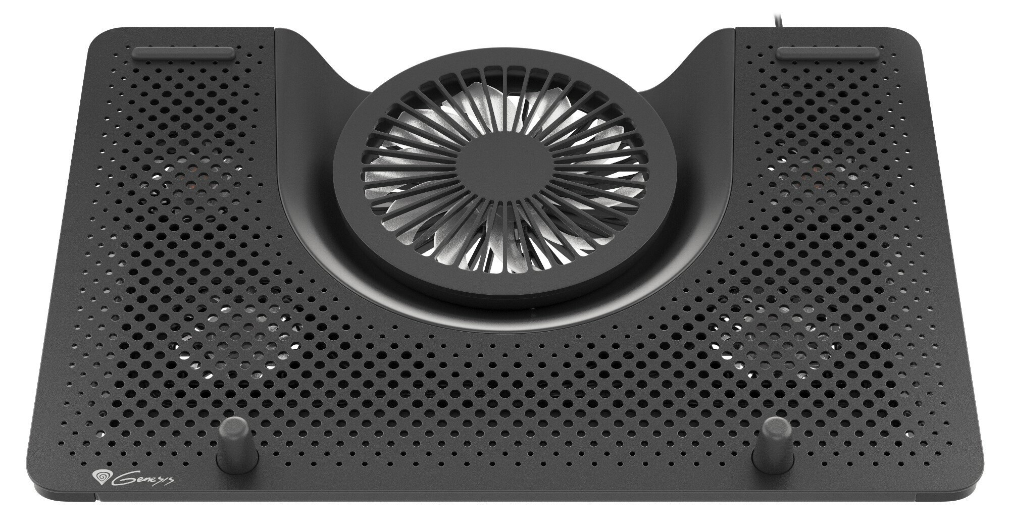 Czarna chłodziarka do laptopa. Wentylator pośrodku i otwory wentylacyjne. Widoczne nóżki.