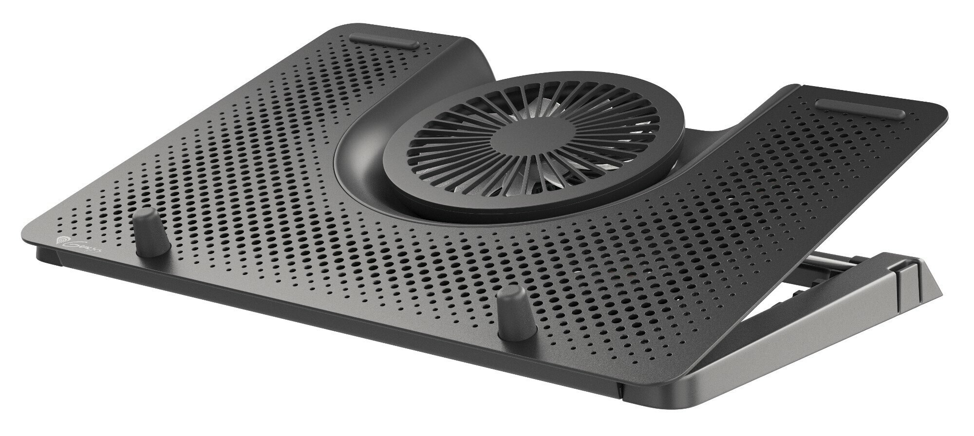 Czarny stojak chłodzący do laptopa z perforowaną powierzchnią i wentylatorem. Służy do podnoszenia i chłodzenia laptopów.