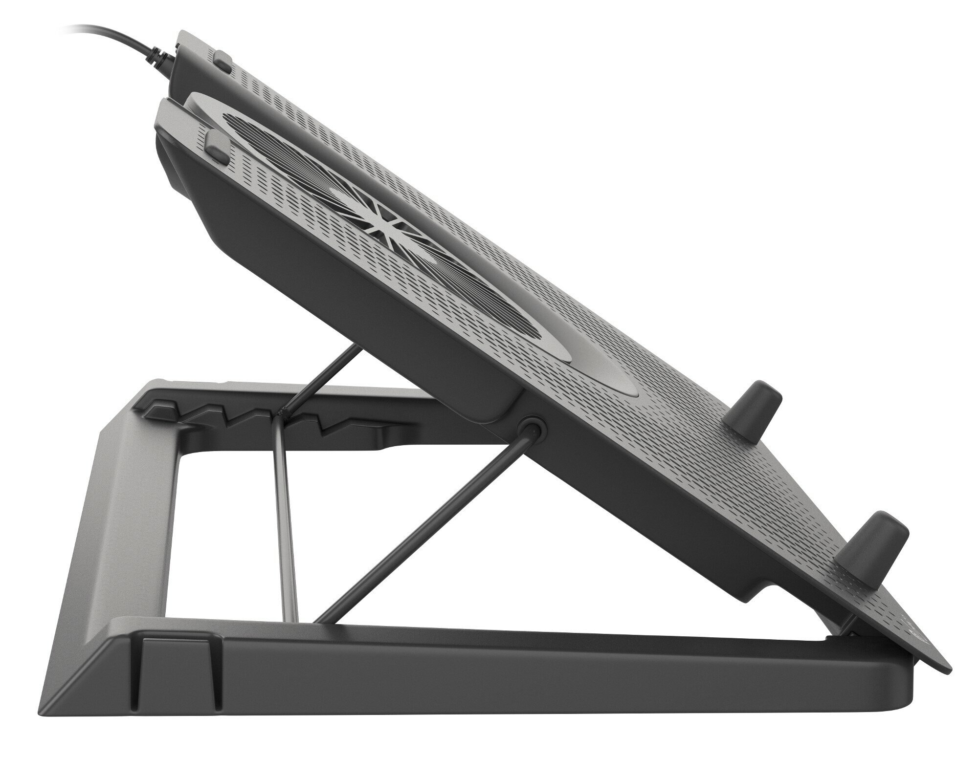 Czarna podkładka chłodząca do laptopa z podniesioną, kątową konstrukcją, z wentylatorem i kablem USB.