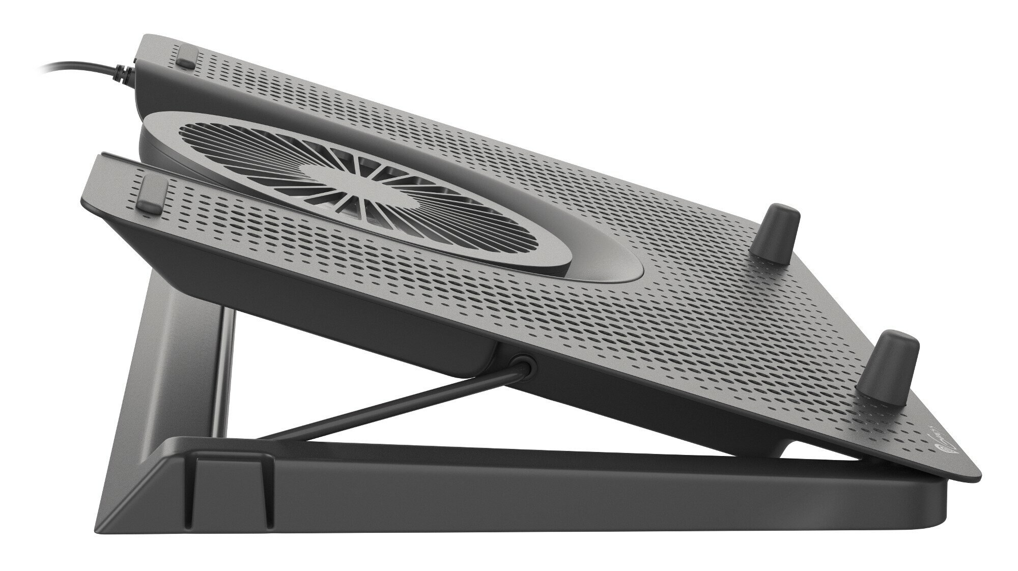 Czarny stojak na laptopa z wentylatorem. Ma regulację kąta i podłączony jest kabel USB.