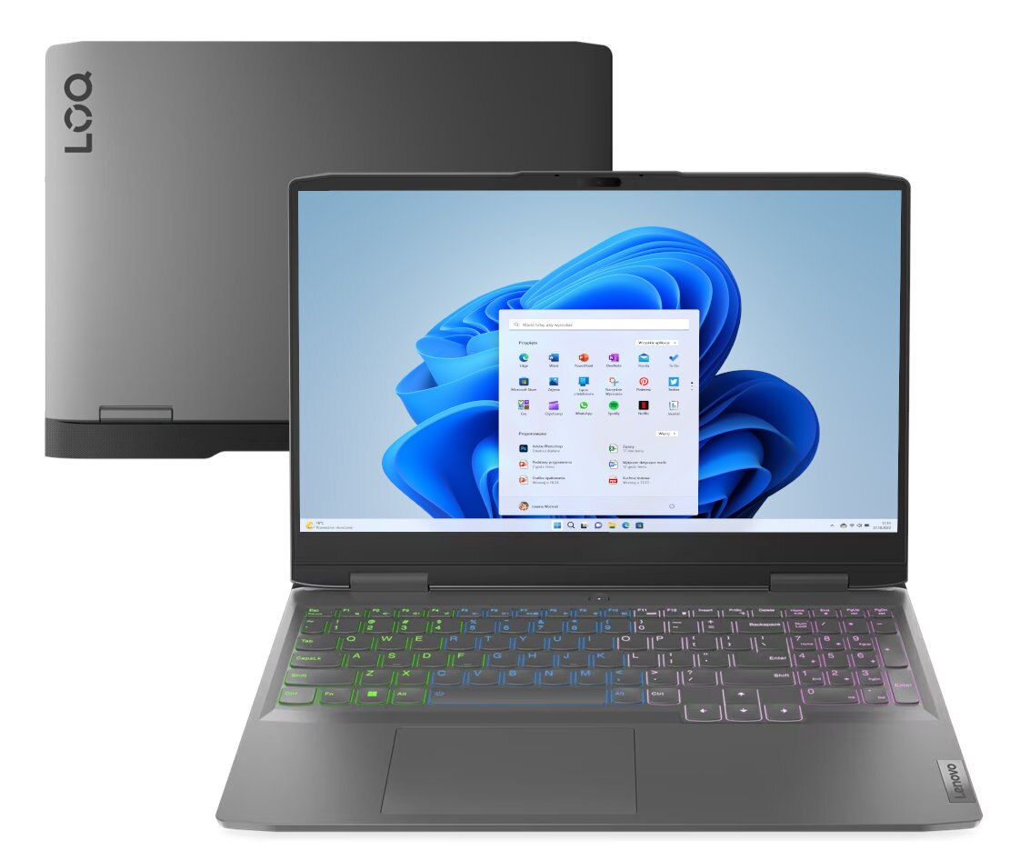 Szary laptop Lenovo LOQ. Ekran wyświetla interfejs Windows. Klawiatura z podświetleniem RGB.