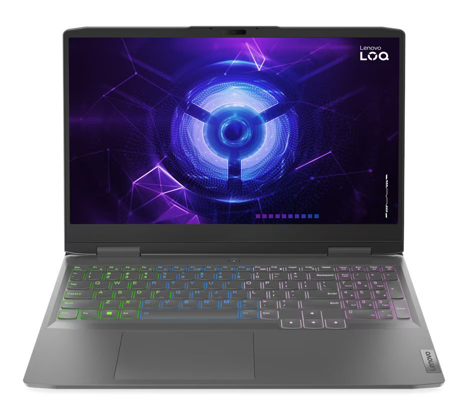Laptop Lenovo LOQ, otwarty, klawiatura z wielokolorowym podświetleniem, czarna ramka.