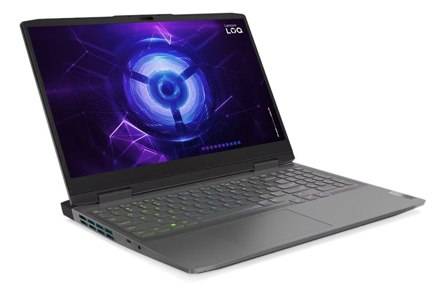 Laptop otwarty, wyświetlacz LoQ, klawiatura widoczna.