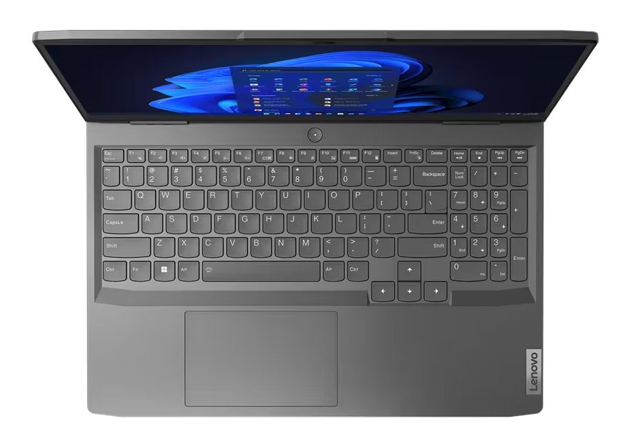 Widok z góry na szary laptop z otwartym ekranem i klawiaturą, pokazujący kolorowy interfejs użytkownika.