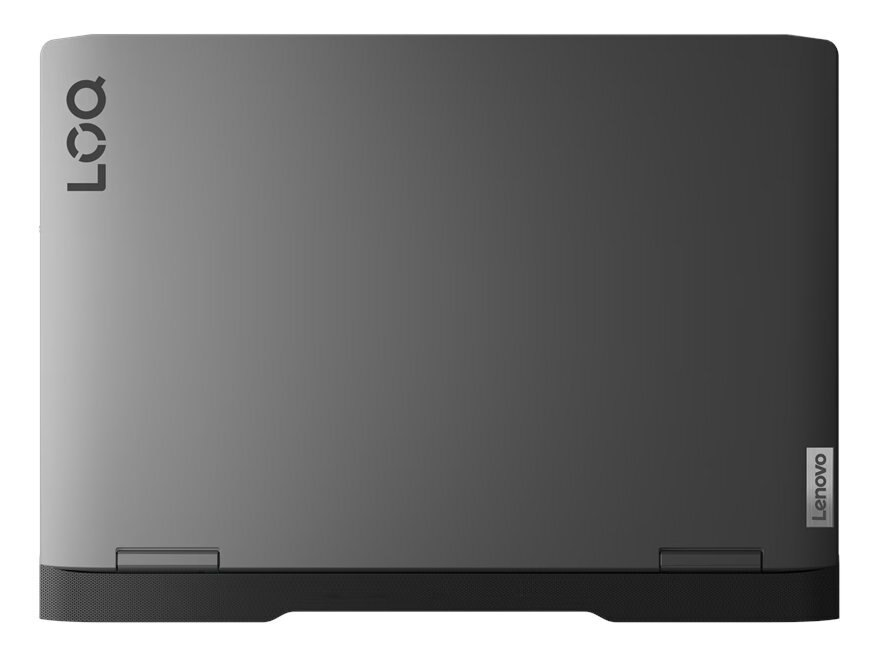 Zamknięty laptop z logo Lenovo na górnej pokrywie, w kolorze ciemnoszarym.