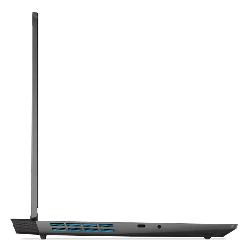 Widok z boku czarnego laptopa o eleganckim designie, pokazujący otwory wentylacyjne i porty.