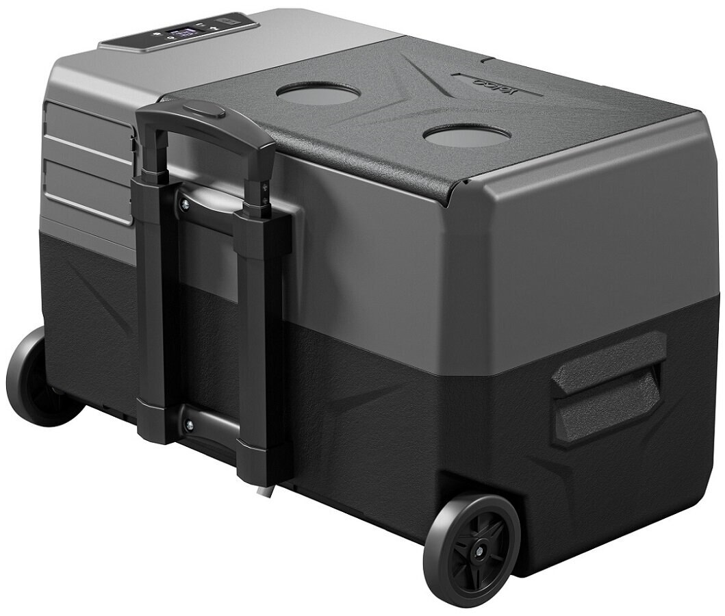 Szara i czarna lodówka turystyczna z kołami, uchwytem i wyświetlaczem.
