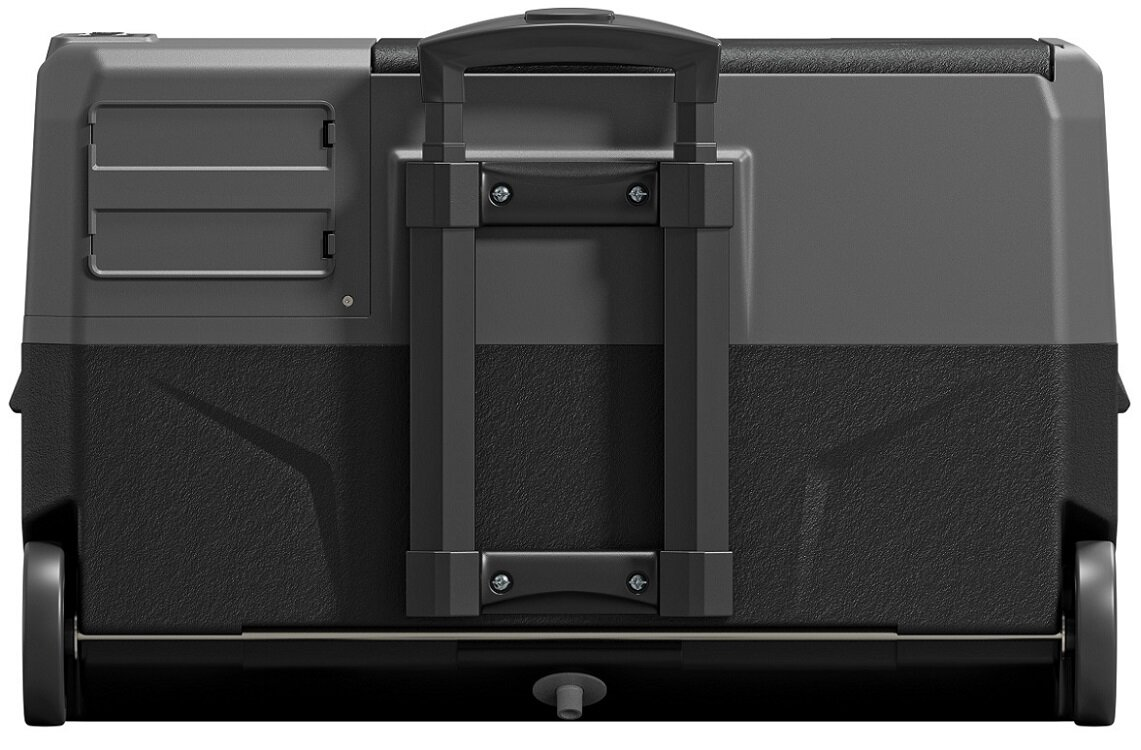 Szara lodówka turystyczna z wysuwanym uchwytem i kołami.