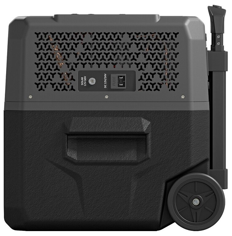 Szara przenośna lodówka z kołami, uchwytem i portami.