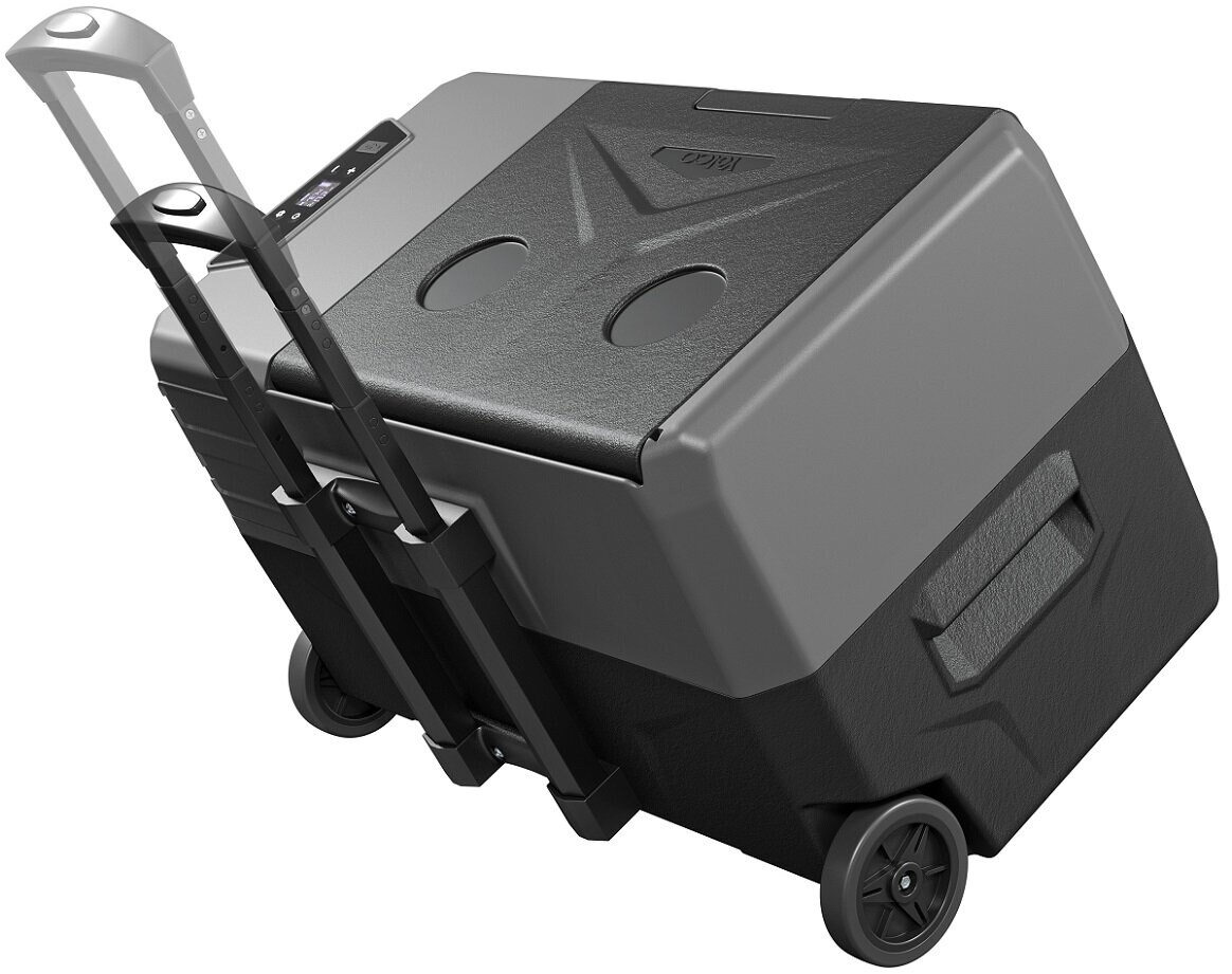 Czarno-szara przenośna lodówka turystyczna z kółkami i wysuwanym uchwytem.