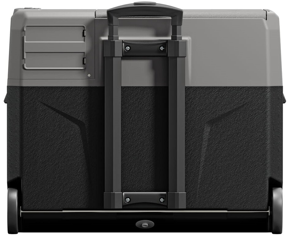 Czarna i szara lodówka z uchwytem i kółkami. Posiada pokrywę i panel boczny.