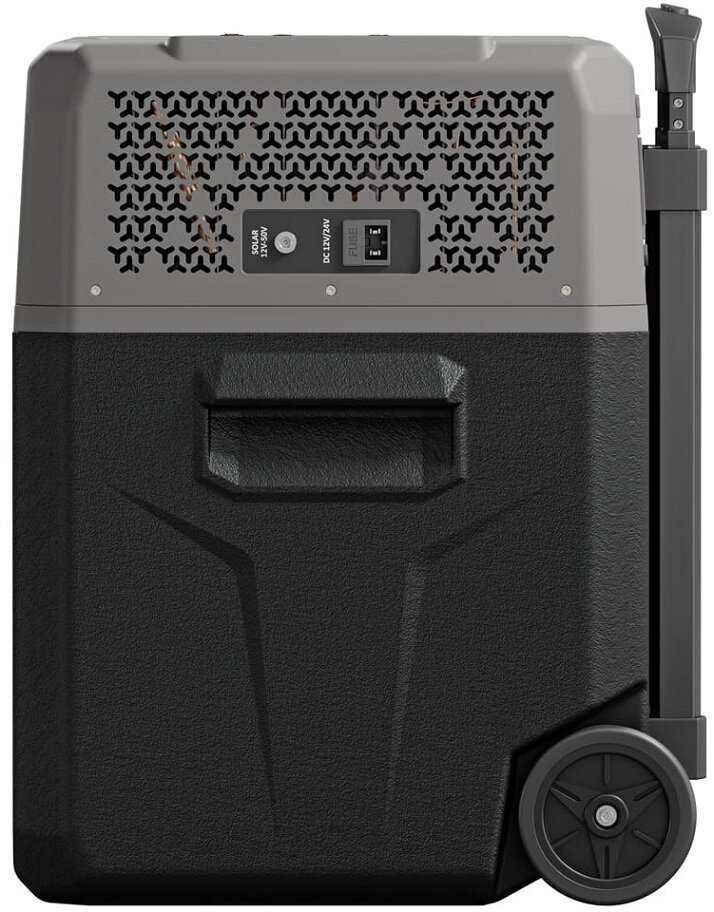 Czarny i szary cooler z kołami i uchwytem, pokazujący tył.