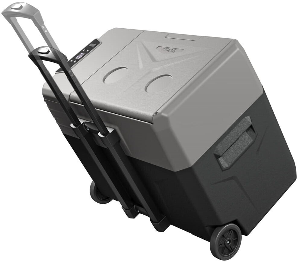 Szara i czarna chłodziarka na kółkach. Ma uchwyt do ciągnięcia. Widoczne koła.