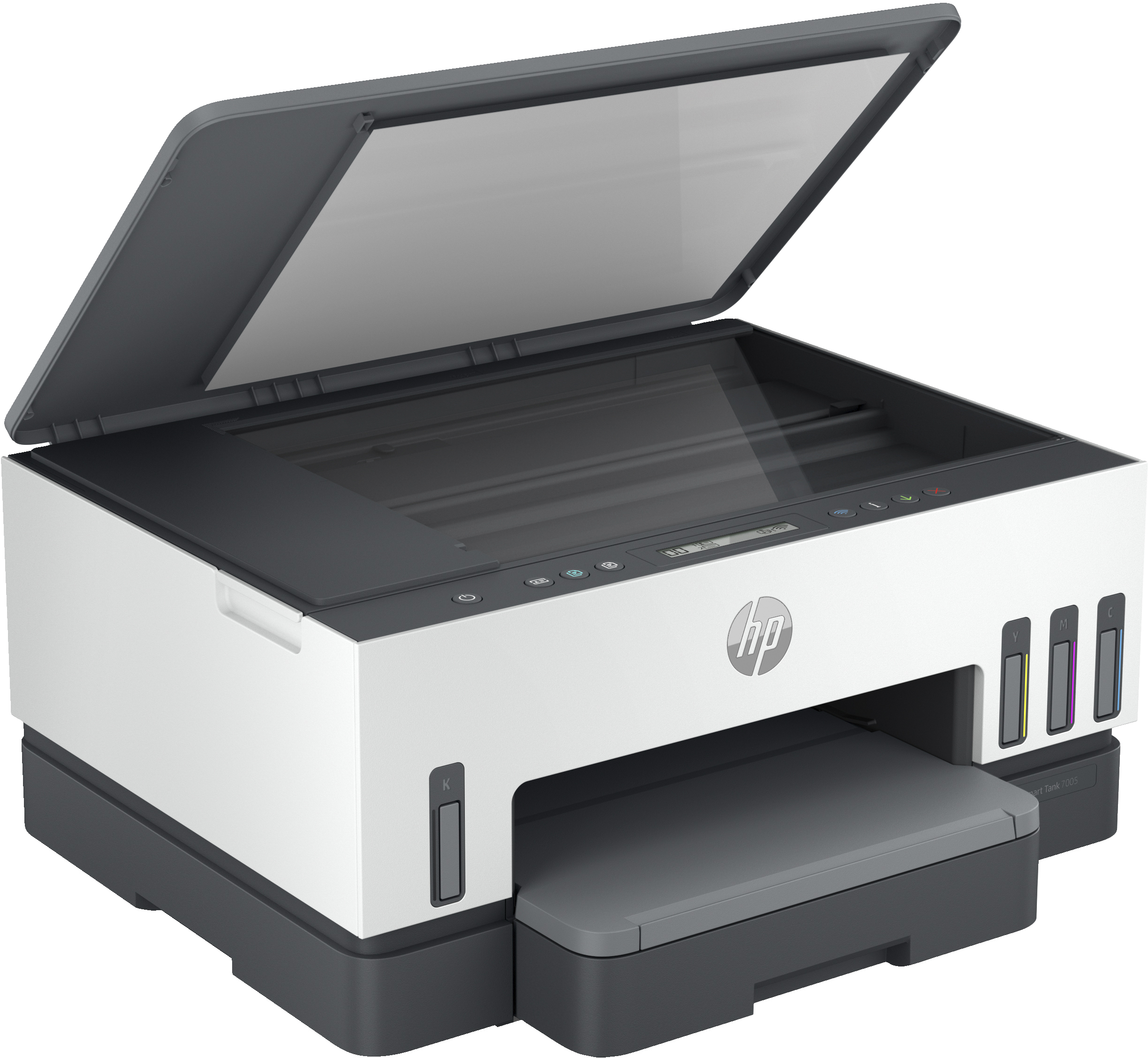 Weißer und grauer HP-Drucker mit geöffneter Oberseite, zeigt das Scannerbett.