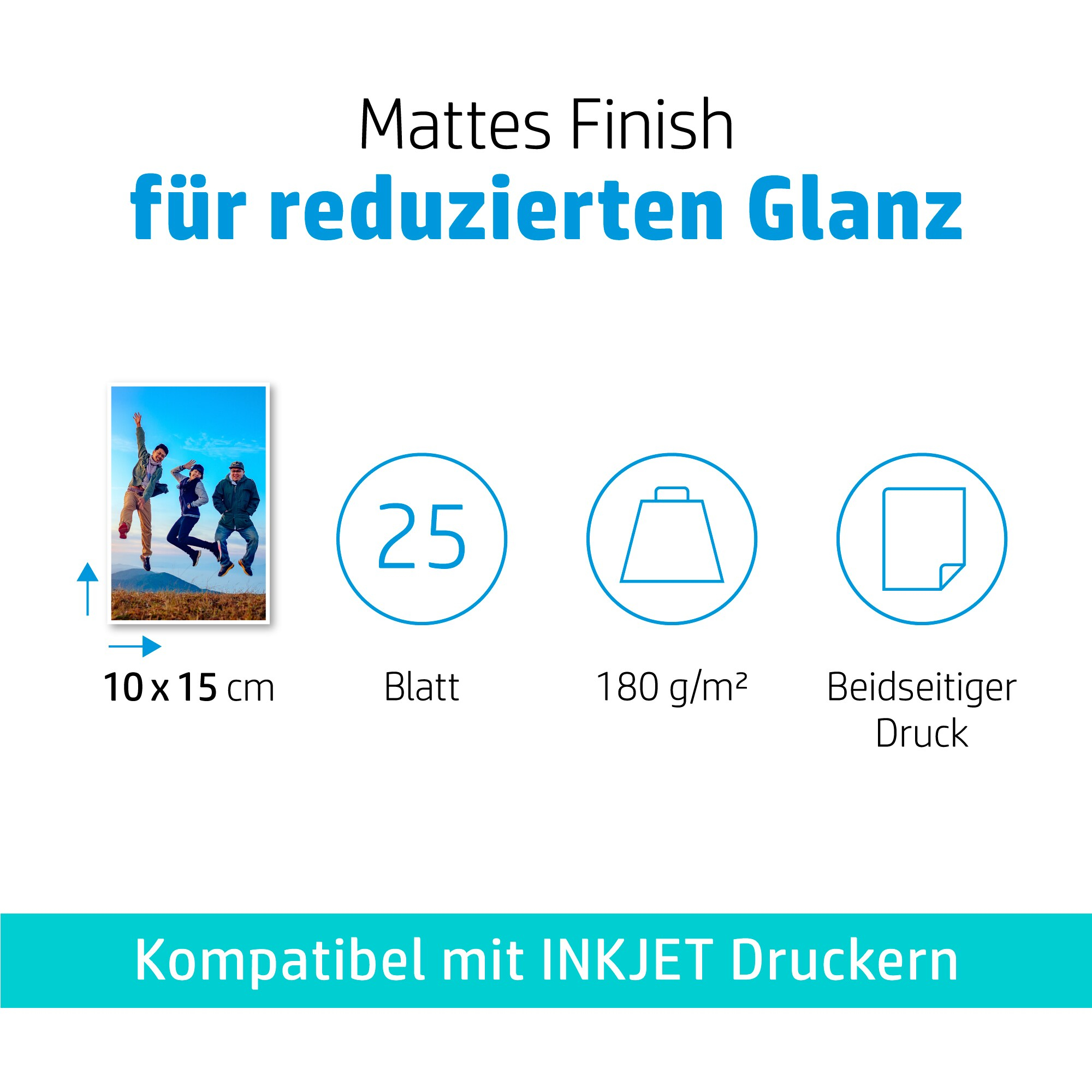 Fotopapierpackung mit Foto von springenden Personen und Text zur Druckqualität.