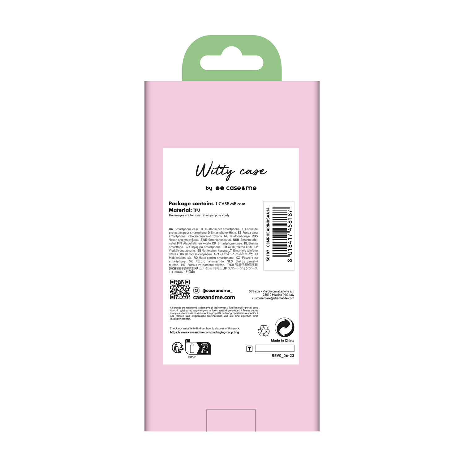 Confezione rosa per custodia del telefono. Testo e marchio sul retro. Etichetta verde in alto.
