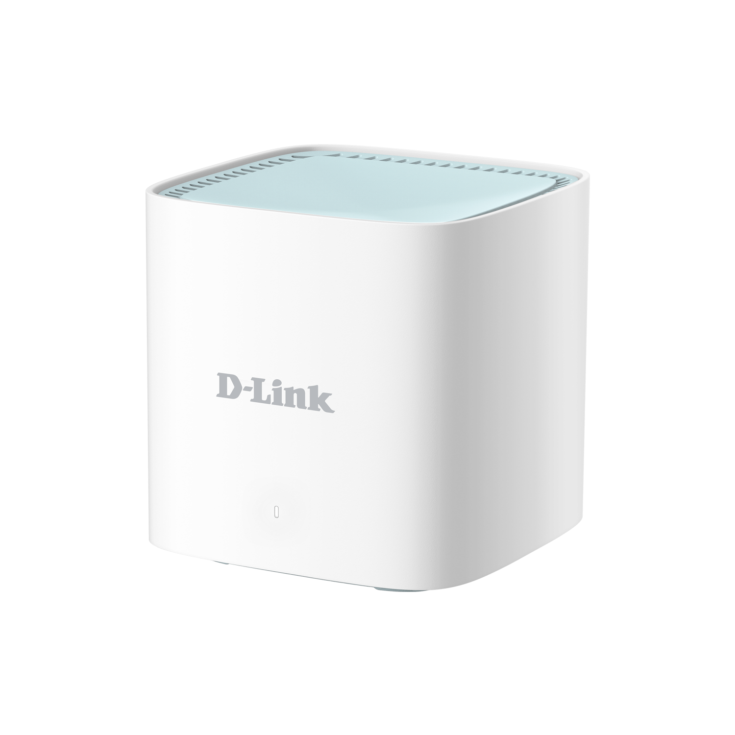 Enrutador D-Link blanco. Forma cuadrada, con parte superior azul claro y el logotipo de D-Link en el frente.