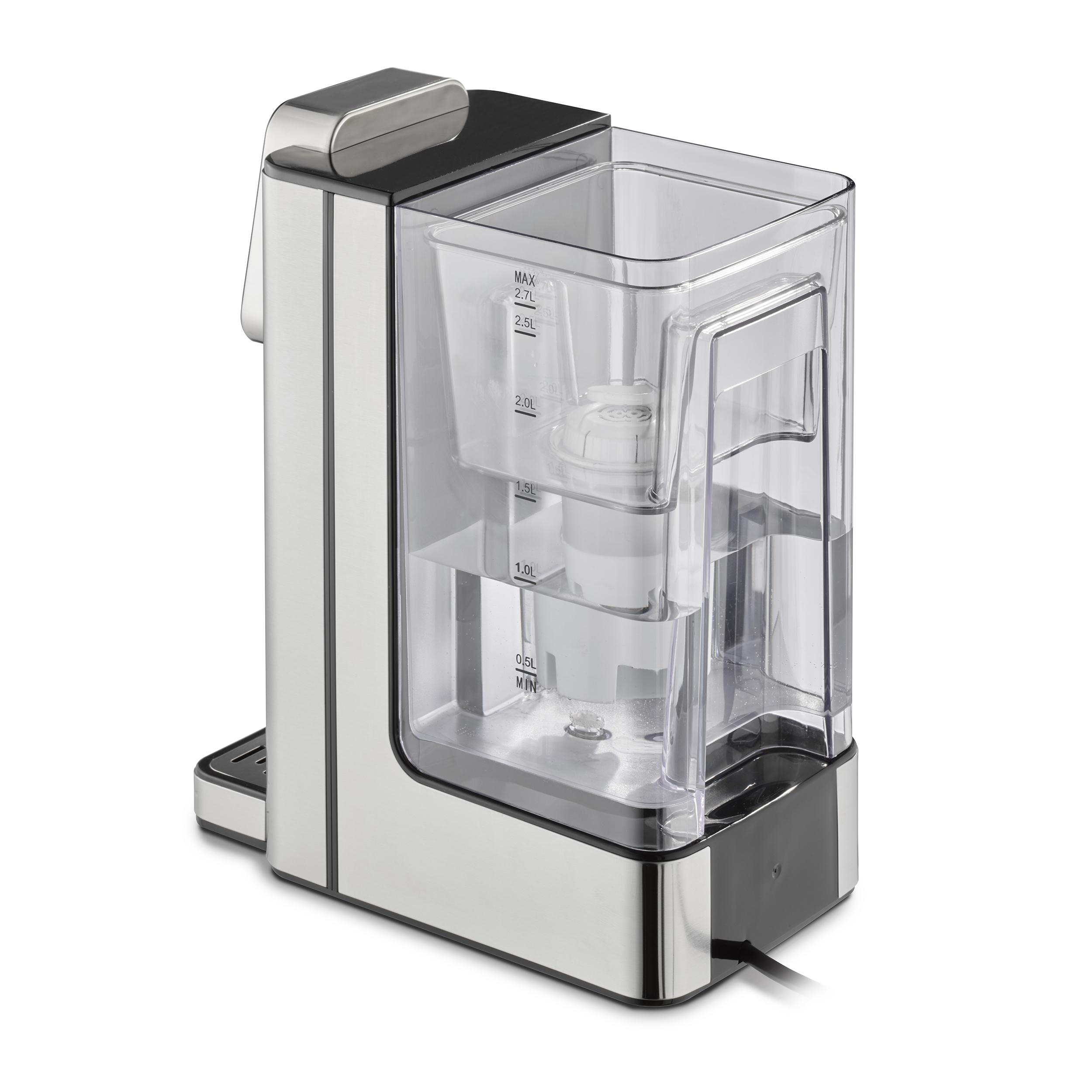 Eine weiß-silberne Wasserfiltermaschine mit transparentem Wassertank.
