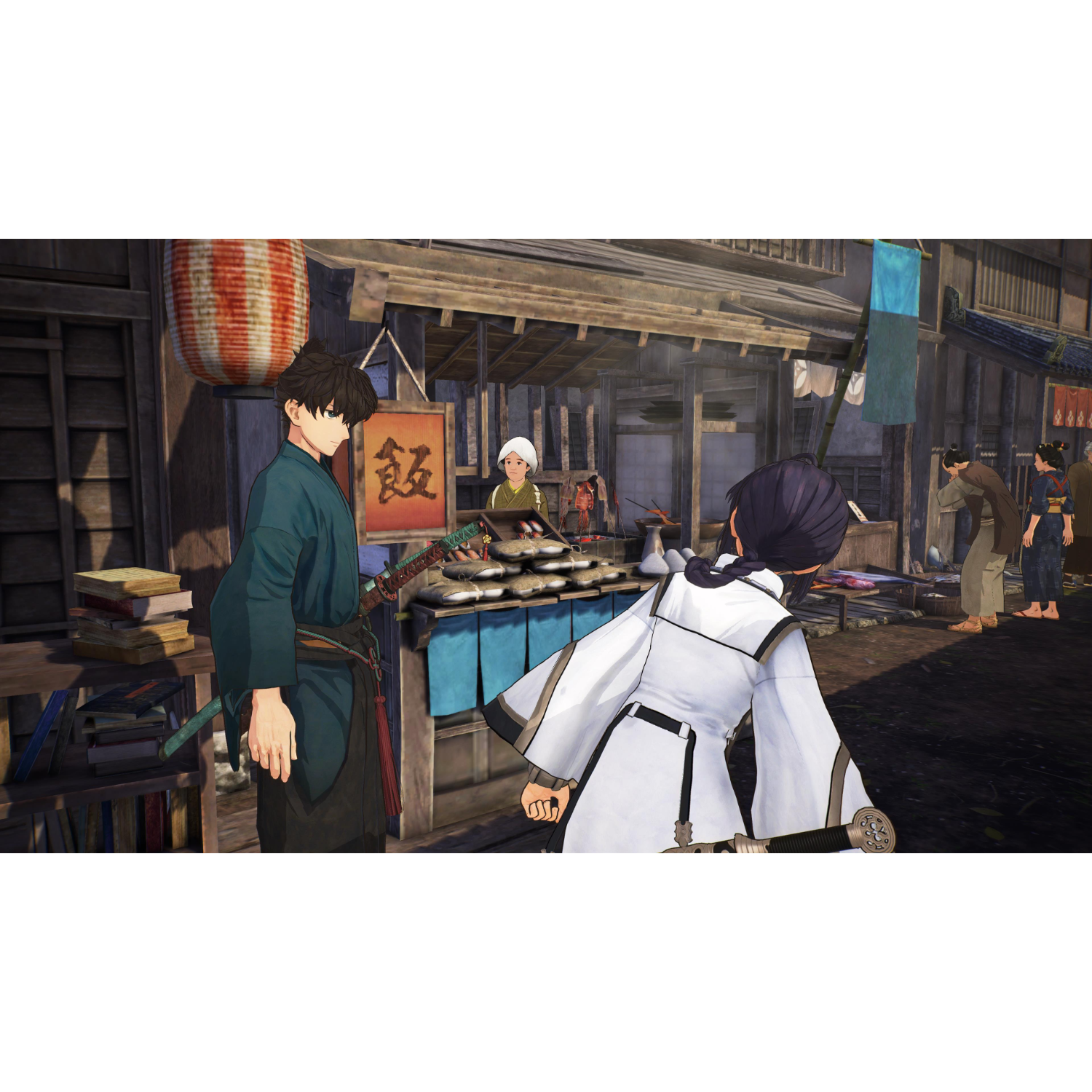 Anime scène: personages op een markt. Eén houdt een zwaard vast; anderen interageren met verkopers.