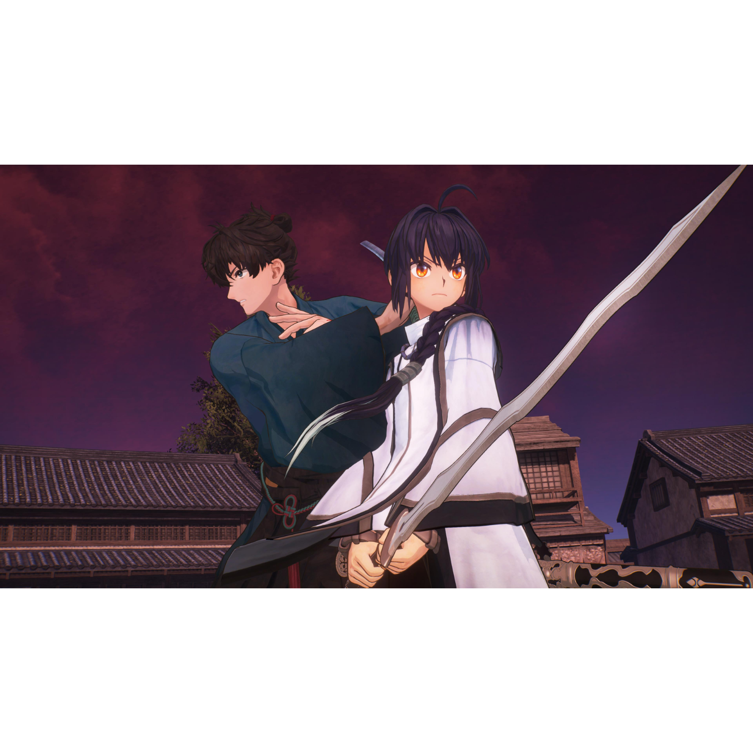 Twee anime-personages in een dramatische pose met zwaarden in een stedelijke omgeving.