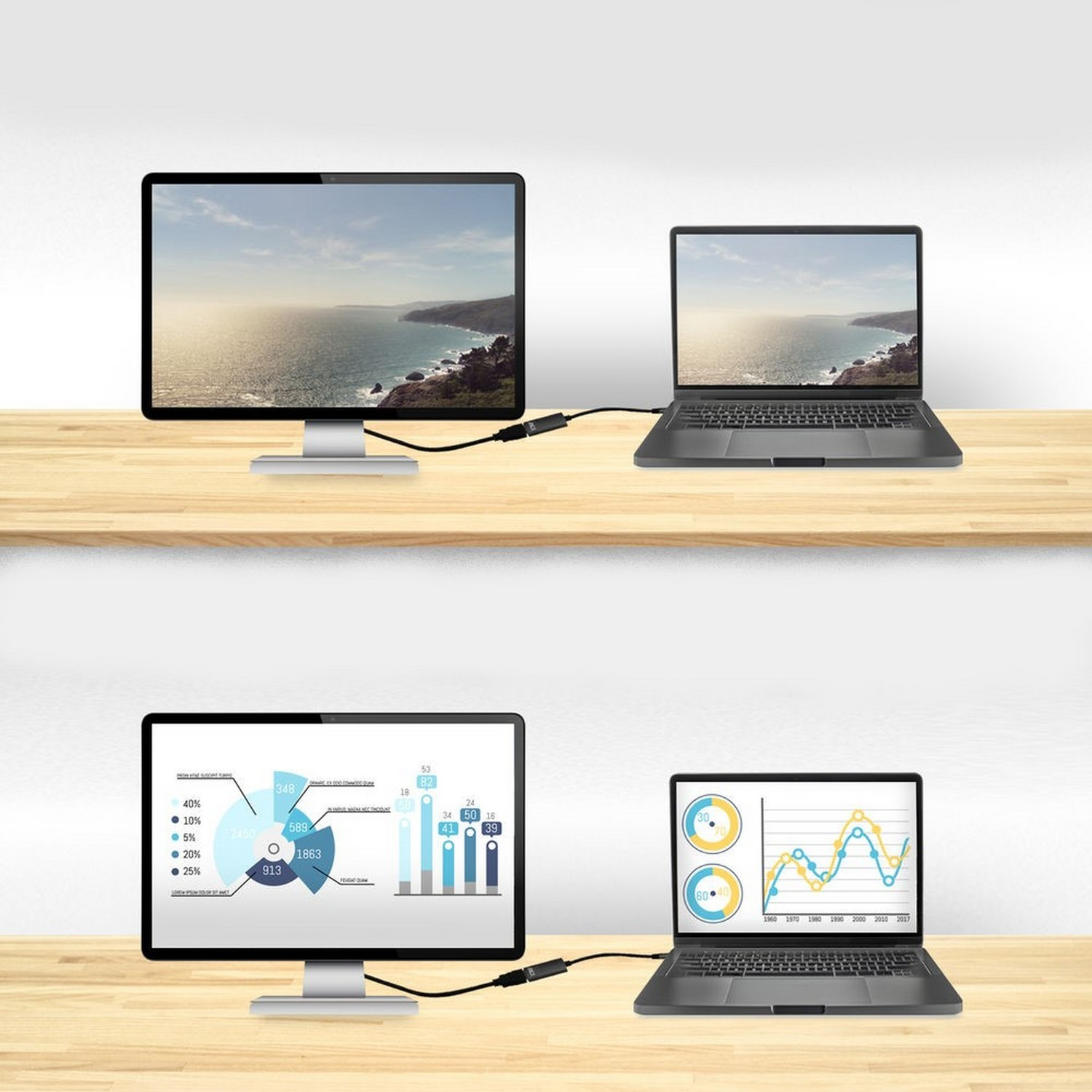 Two monitors and laptops on wooden surfaces, one showing graphs, the other a sea view.