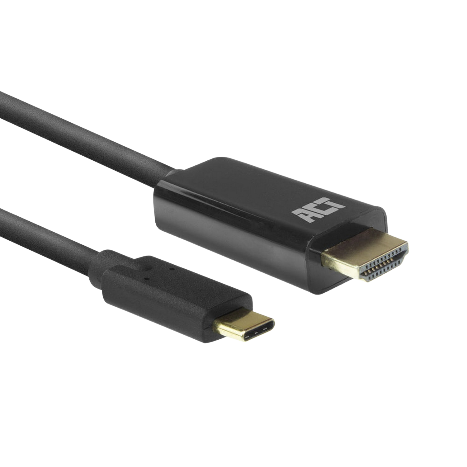 Câble noir avec connecteurs HDMI et USB-C sur fond sombre. La marque "ACT" est visible.