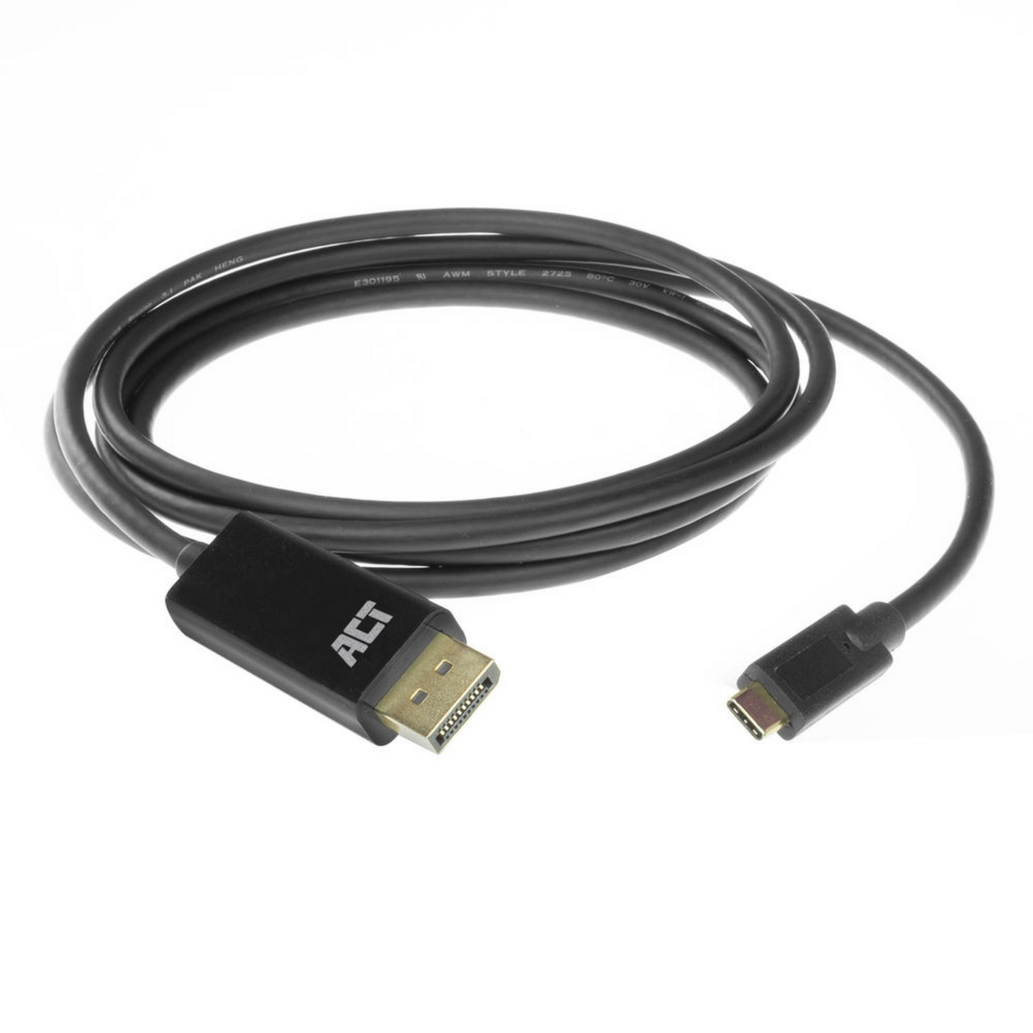 Câble noir avec un connecteur DisplayPort et un connecteur USB-C. Isolé sur fond blanc.
