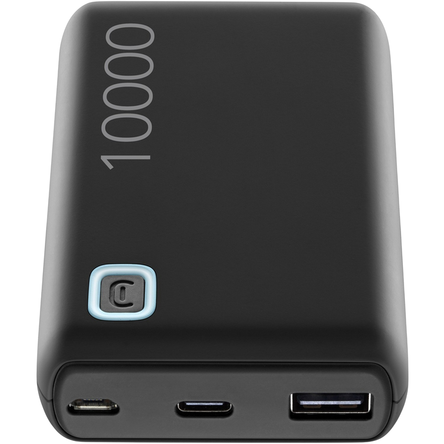 Zwarte powerbank met 10000 gedrukt. Blauwe lichtknop en USB-poorten.