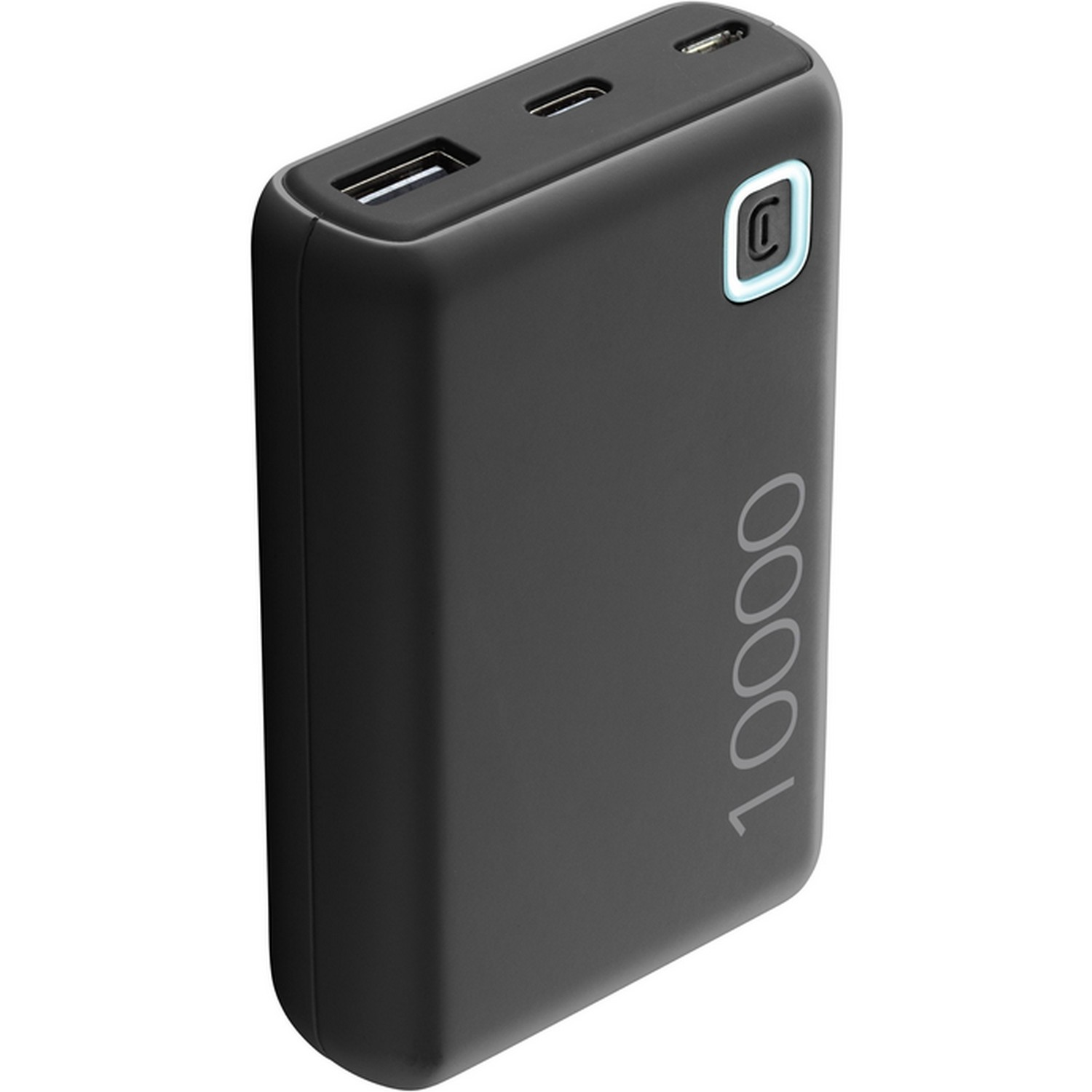 Een zwarte powerbank met een USB-poort, een USB-C-poort en een aan/uit-knop. Tekst: 10000.