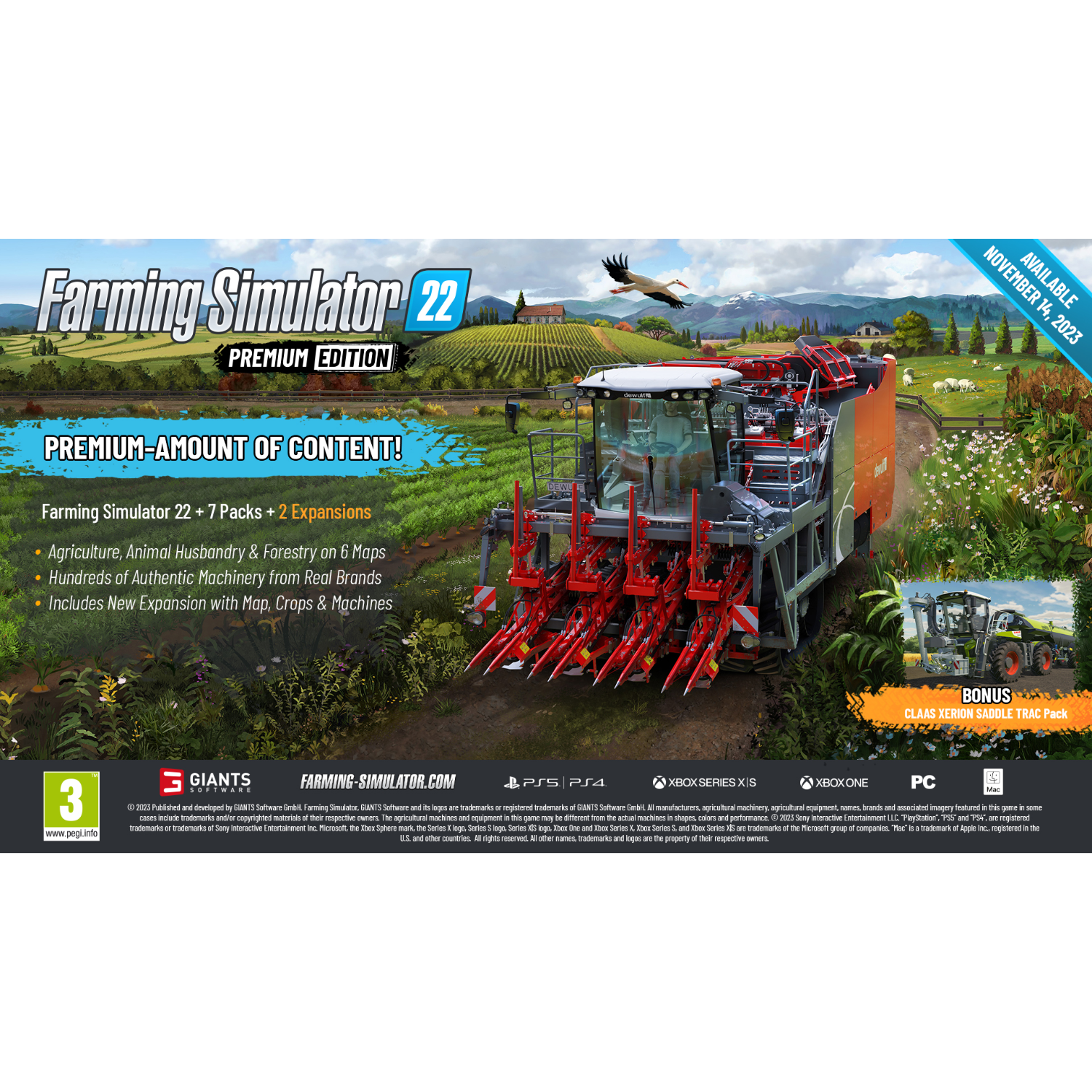 Farming Simulator 22 gamebox met een tractor en velden.