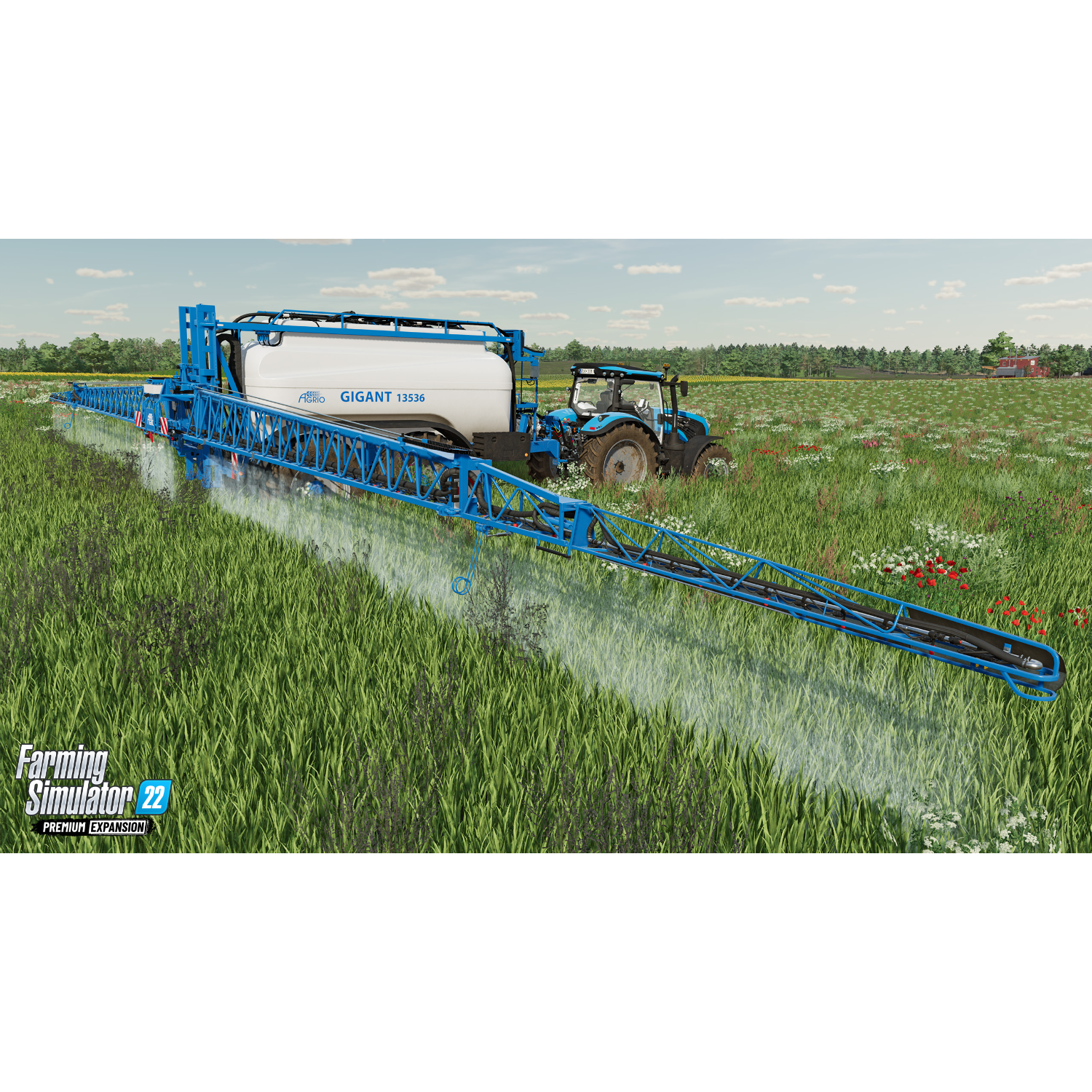 Reclame voor Farming Simulator 22. Een grote blauwe sproeier staat op een veld met een tractor.