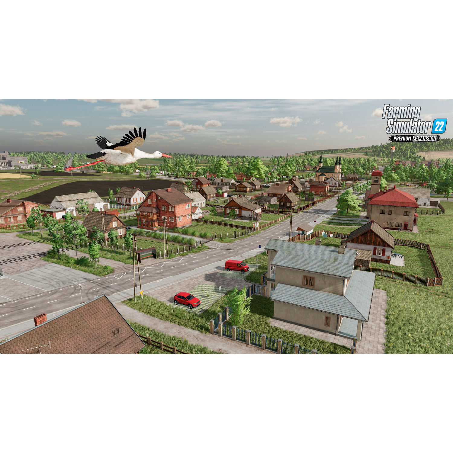 Boerenlandschap met huizen, rode auto's, een ooievaar en Farming Simulator logo.