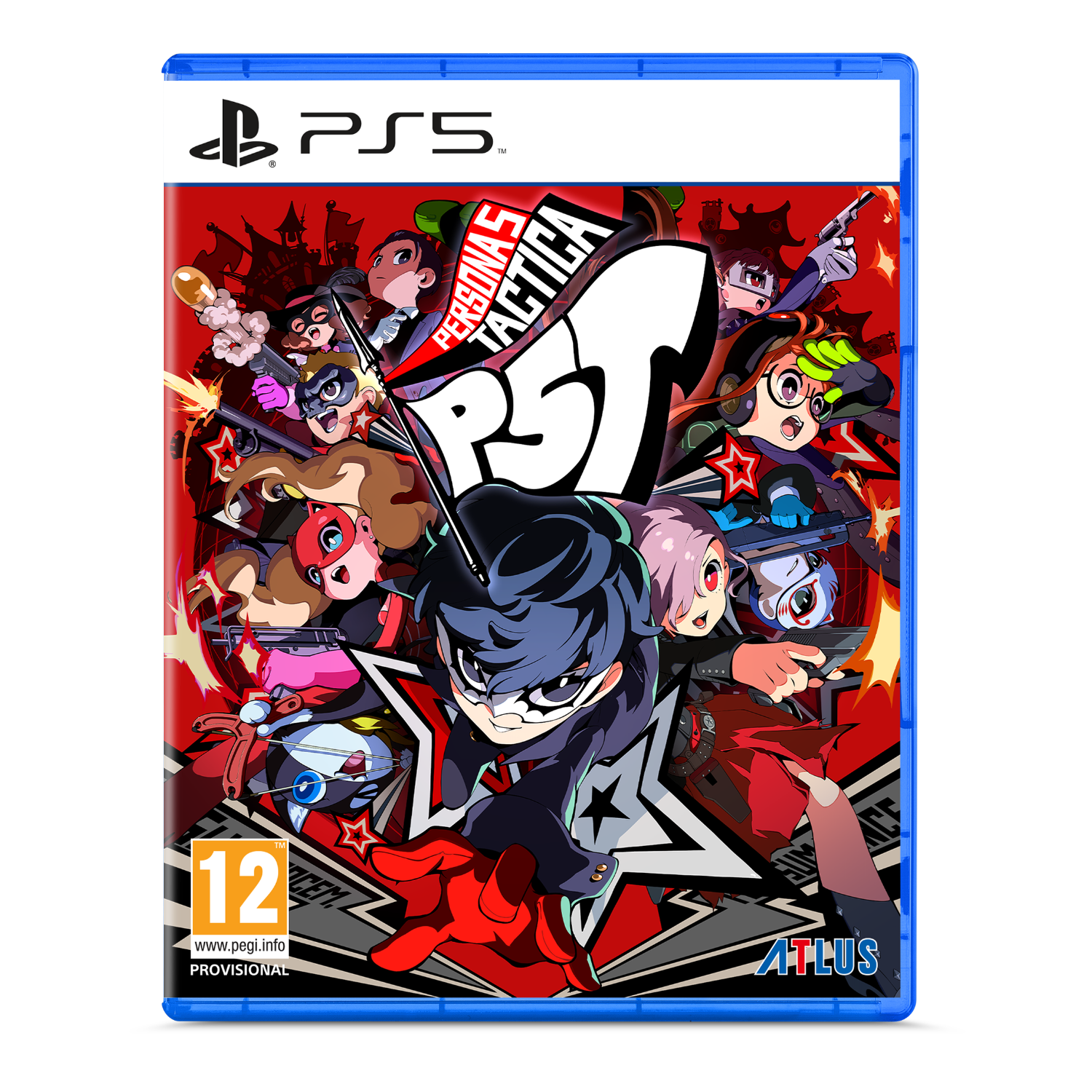 Een gamecase met kleurrijke personages op de voorkant. De game is Persona 5 Tactica.