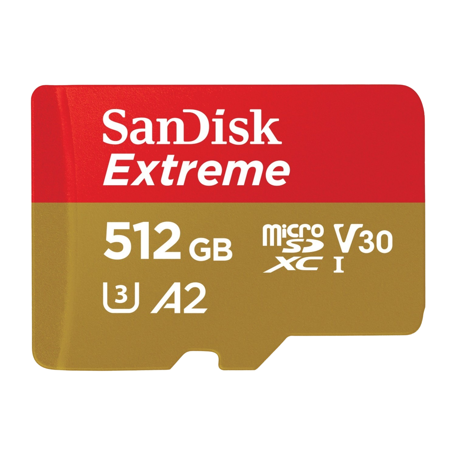 Carte microSD SanDisk Extreme rouge et or. Contient le texte '512 Go'.