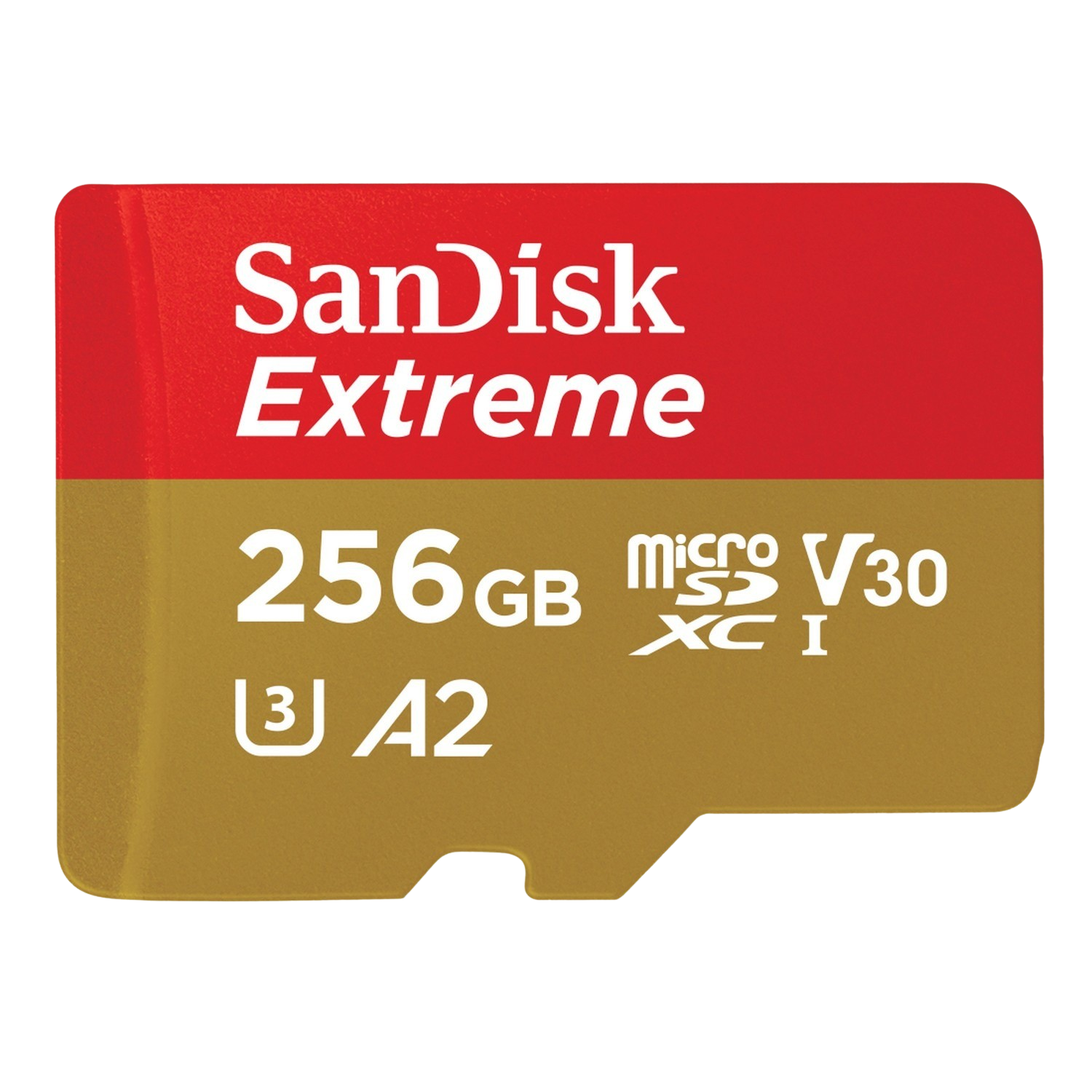 Carte SD SanDisk Extreme. Couleur rouge et or. 256 Go et autres informations sur la carte.
