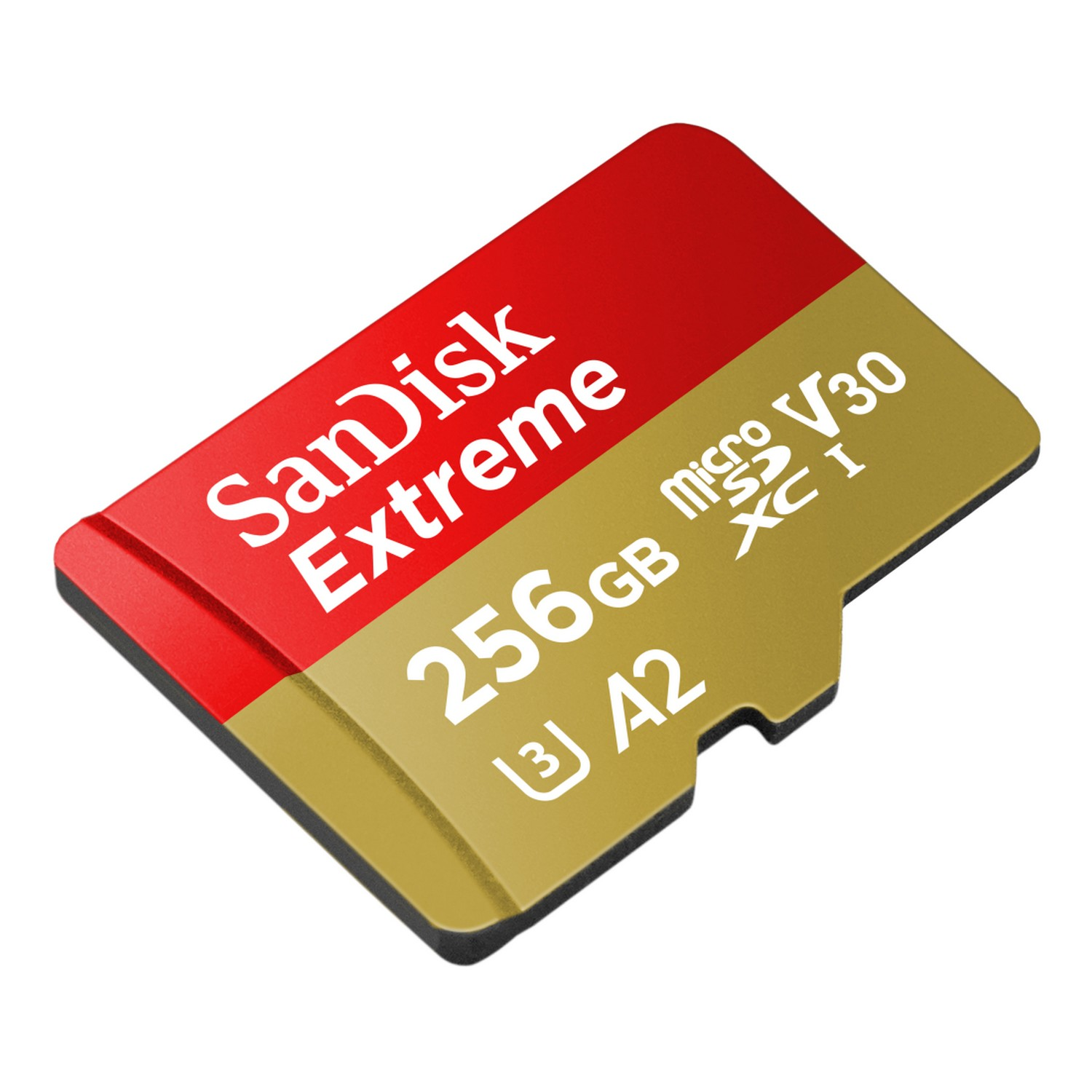 Carte MicroSD SanDisk Extreme rouge et or. Elle a des marquages 256 Go, V30 et A2.