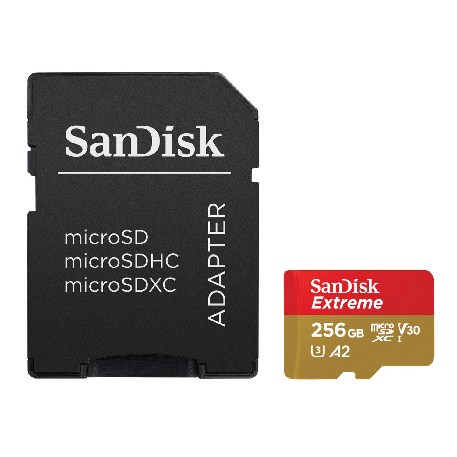 Carte microSD SanDisk et adaptateur : carte noire, étiquette rouge et blanche et adaptateur noir.