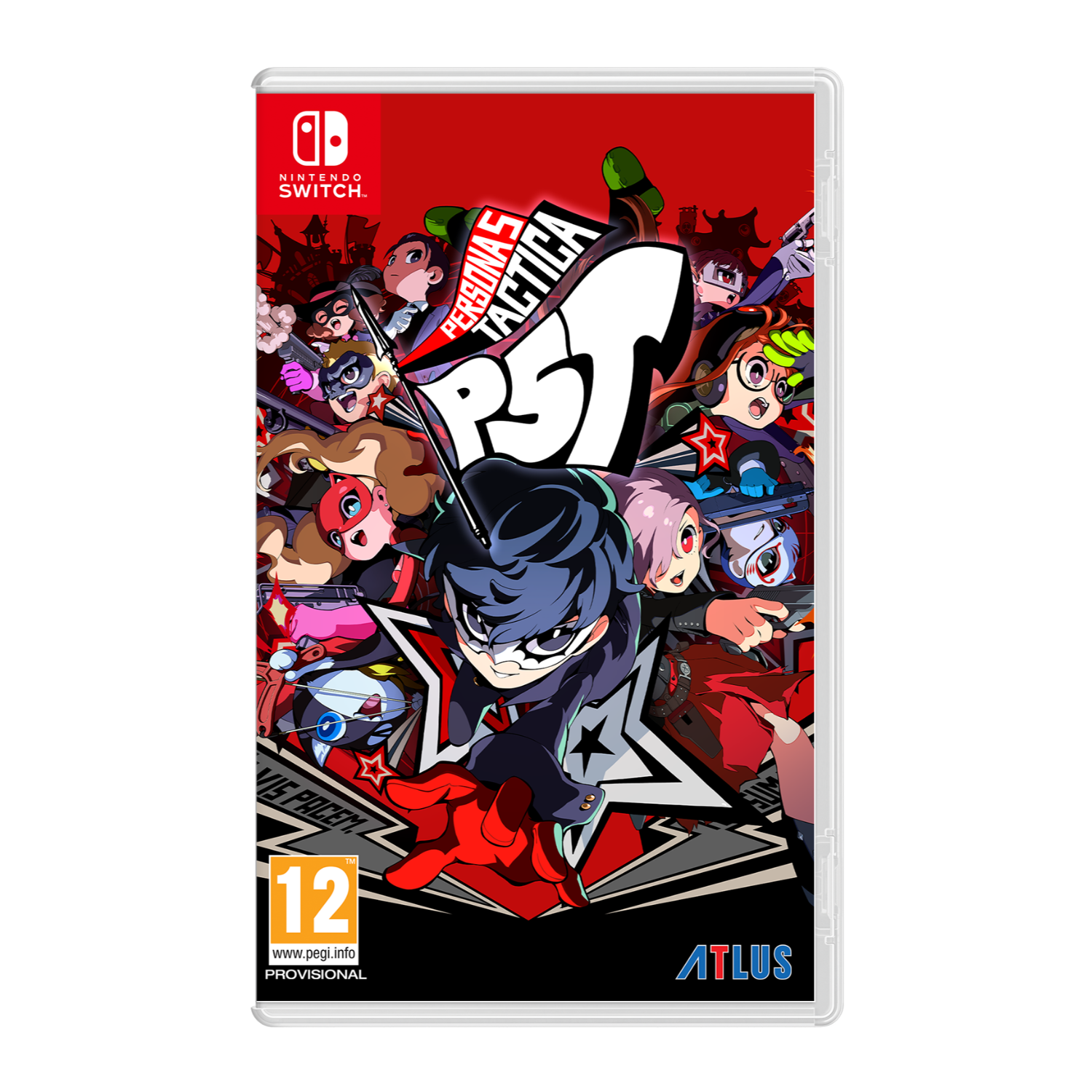 Persona 5 Tactica game box art, met personages, logo en rating.