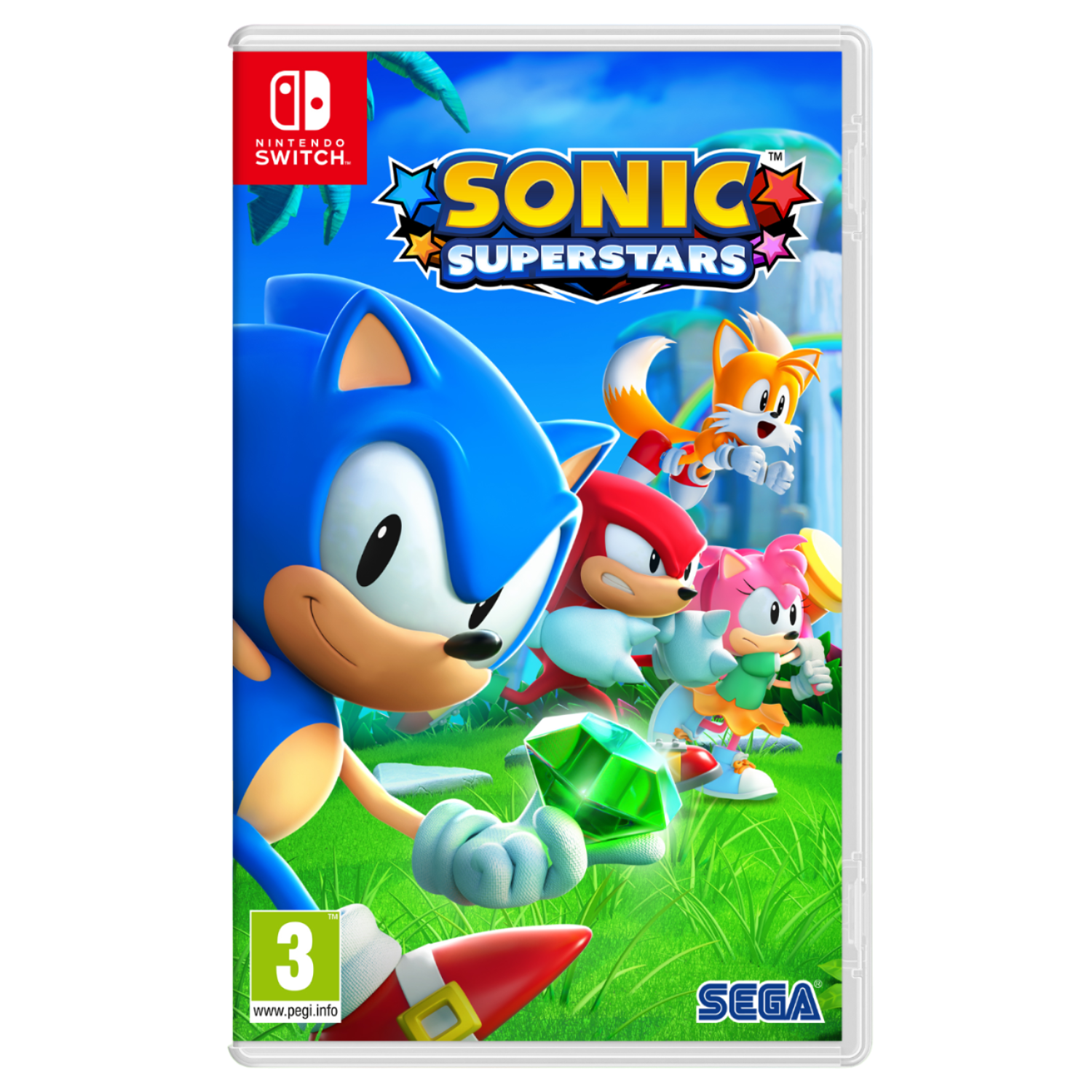 Video game cover art voor Sonic Superstars, met Sonic en vrienden.