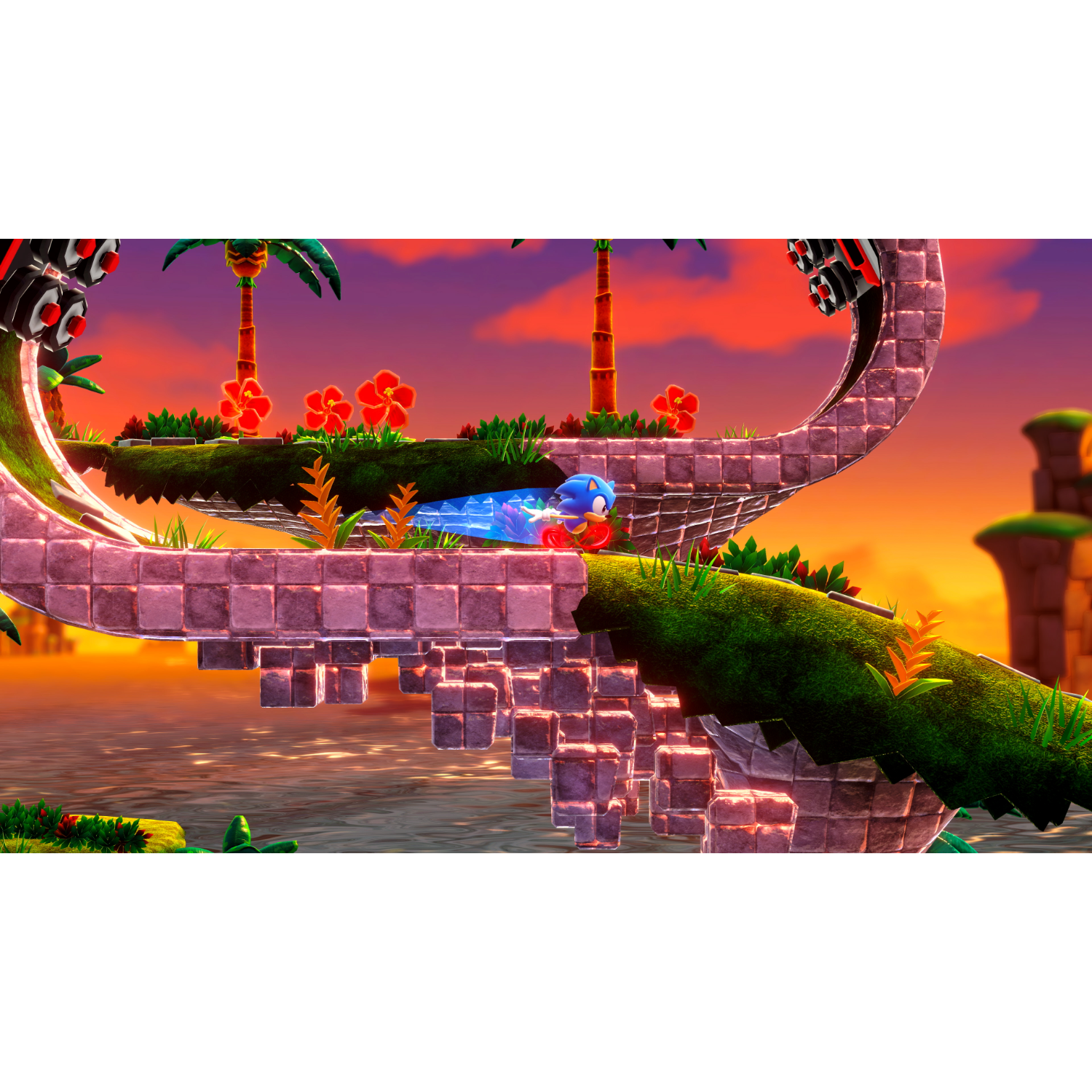 Videogame scène met Sonic die over een baan rent boven water, zonsondergang op achtergrond.