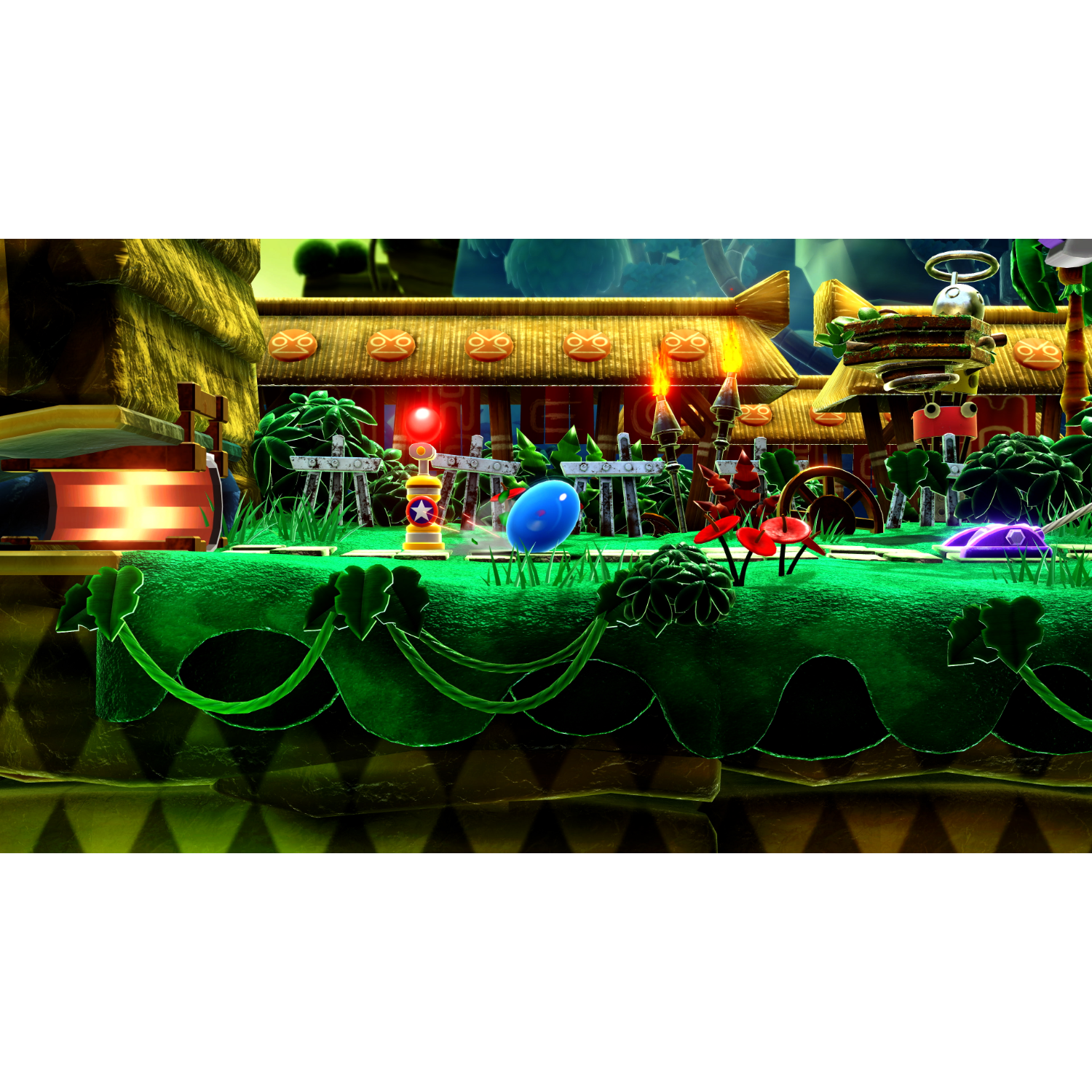 Een blauw personage in een levendige, kleurrijke spelscène met gebouwen en groene vegetatie.