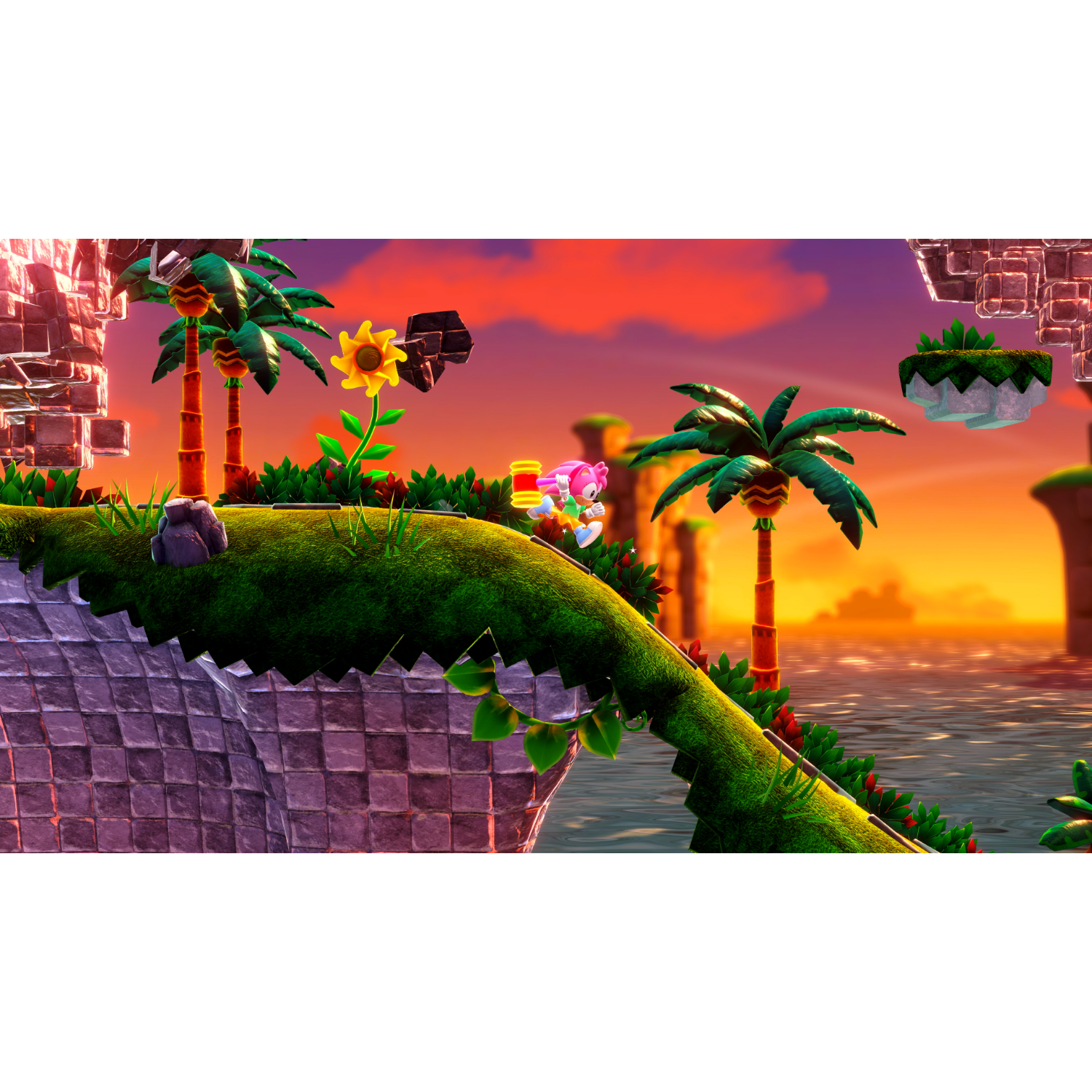 Amy Rose in een Sonic-spelniveau. Groen gras, palmbomen en zonsonderganglucht.