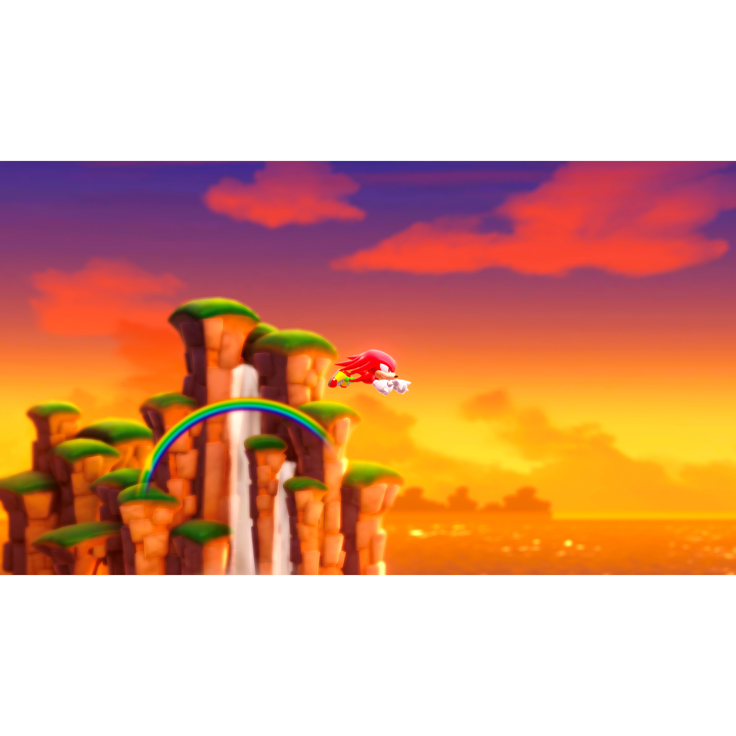 Knuckles de Echidna springt over een regenboog in een kleurrijke zonsondergang.